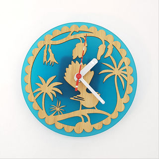 Clock: Fantail on Kowhai (Bamboo+Teal Acrylic)