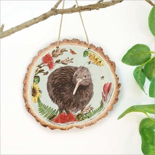 Wood Slice Art: Floral NZ Bird Kiwi