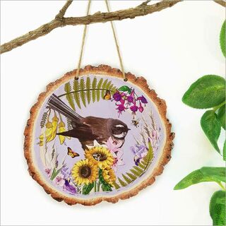 Wood Slice Art: Floral NZ Bird Fantail