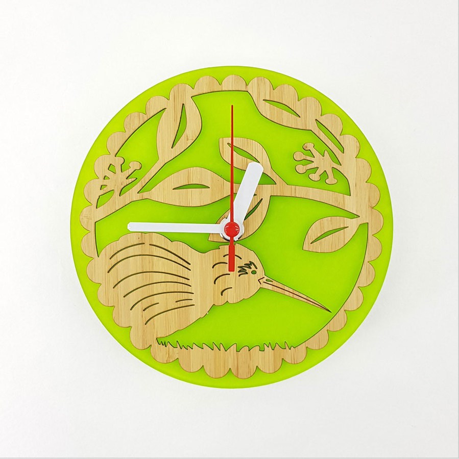 Clock: Kiwi on Pohutukawa (Bamboo+Lime Green Acrylic)
