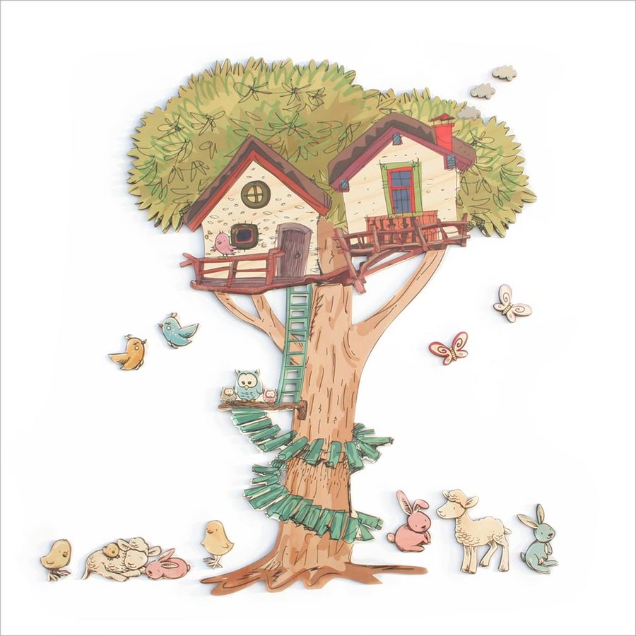 Pine Wall Art : Treehouse and Animals Set