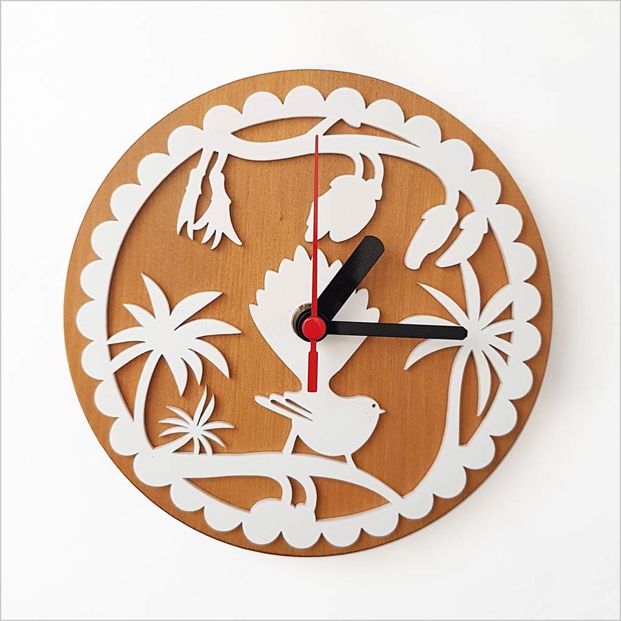 Clock:Fantail on kowhai White + Rimu