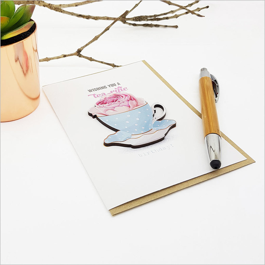 Greeting Card with embellishment: Tea Cup