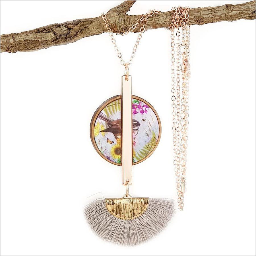 Tassel Necklace: Floral Fantail (Printed MOP)