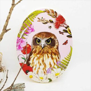 Ply Oval: Floral NZ Bird Ruru Morepork