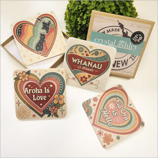 Coasters Set: Printed Retro Kiwiana Hearts